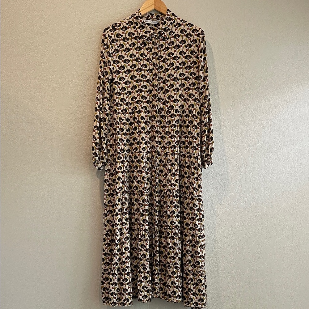 ZARA Patterned Long Sleeve Tiered Dress